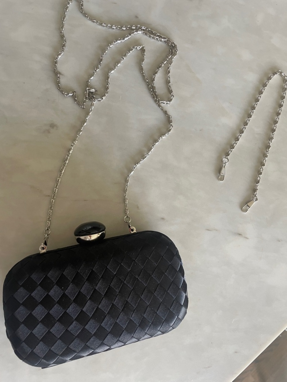 Black Woven Satin Evening Clutch with Silver Chain Straps